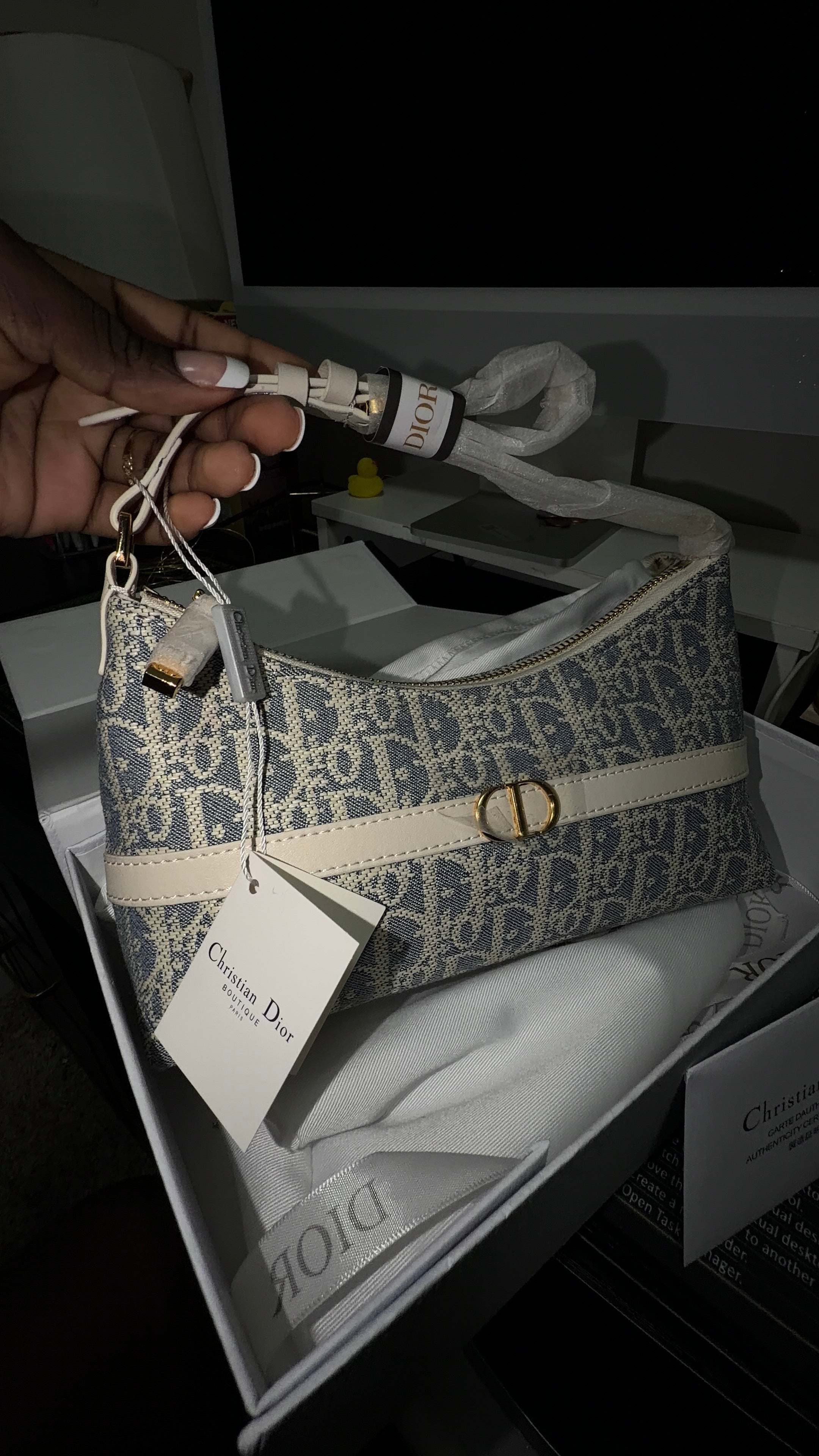 Blue and crème D bag
